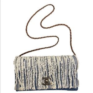 CHANEL CC DOUBLE FLAP CHAIN BAG FRINGE DENIM